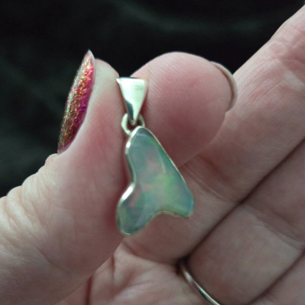 Sterling Silver Ethiopian Opal Pendant - Shaped like Shark Tooth or Whale Tail